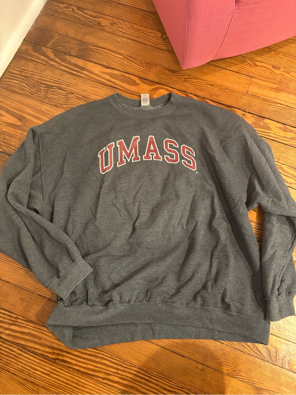 Gildan UMass Crewneck Sweatshirt in Charcoal with Maroon Lettering